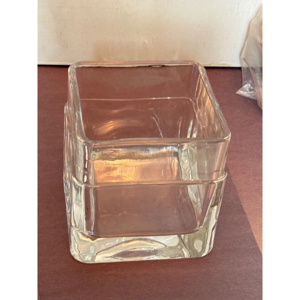 Square Thick Clear Glass Covered Storage Jar With Brushed Silver Lid